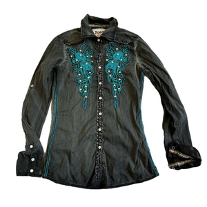 Roar Women’s Button Up Shirt Black Gray Size S Bejeweled Blue Buckle